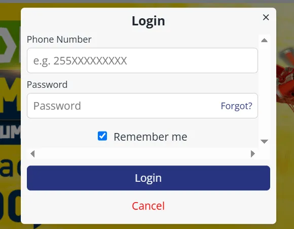 Betika Tanzania Login Page