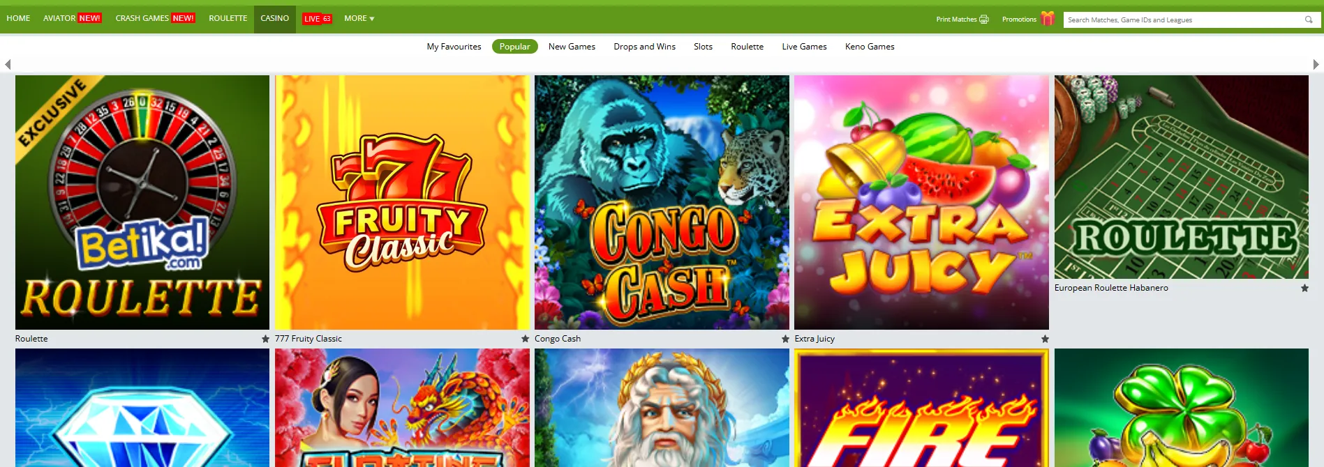 Popular Casino Games on Betika